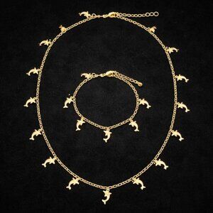 Gold Tone Dolphin Charm Necklace & Bracelet Set Y2K Beach Ocean Coastal 90s